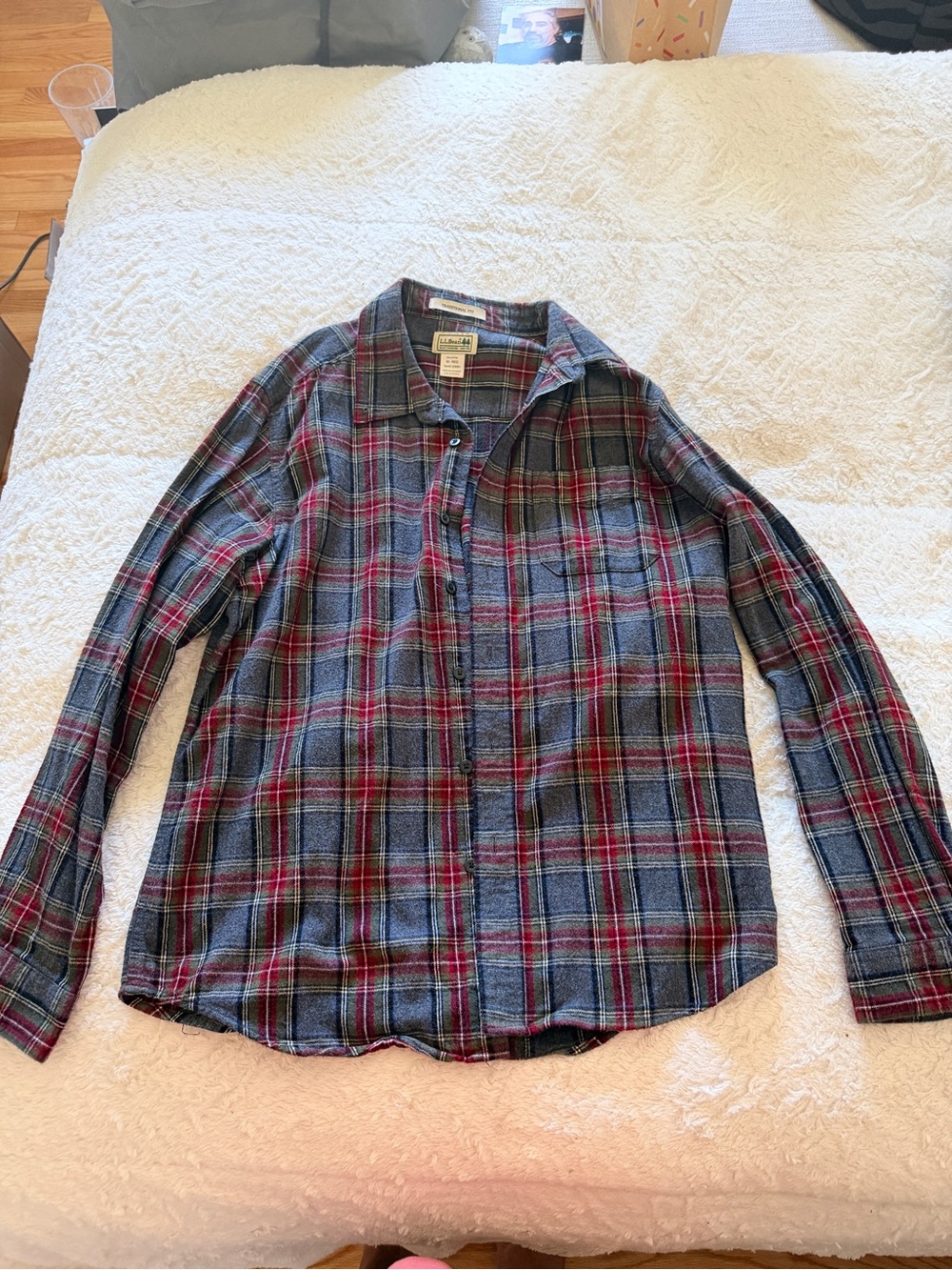 L.L. Bean Men’s Gray Plaid Button-Down Shirt with Red Accents